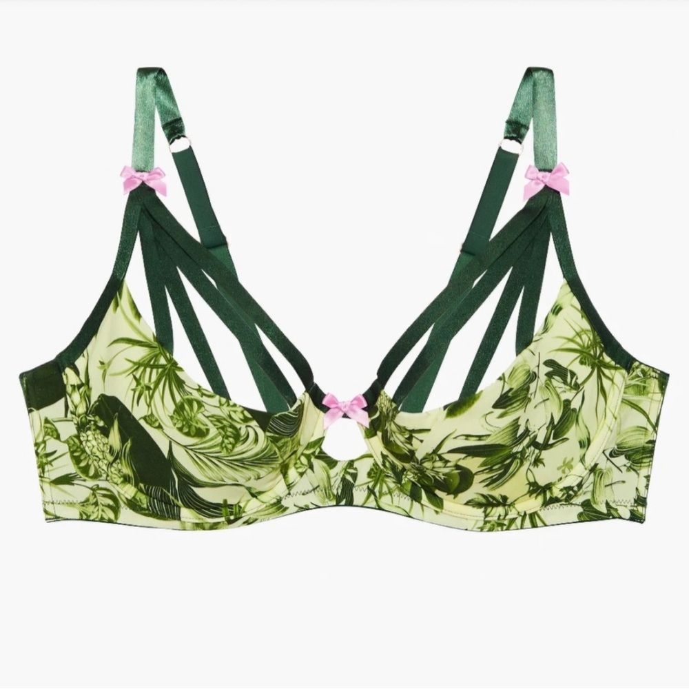 Savage X Fenty Green Floral Bra with Pink Accents 40c with strappy garter 1X